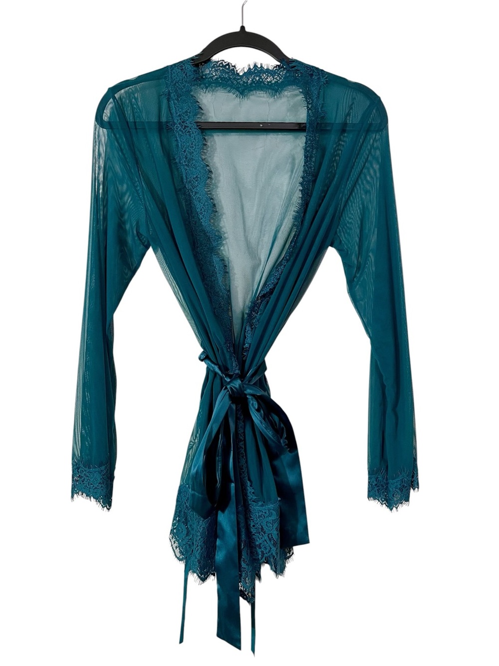 Sheer Lace Mesh Robe Teal Satin Tie Boudoir Bridal Getting Ready Loungewear L XL